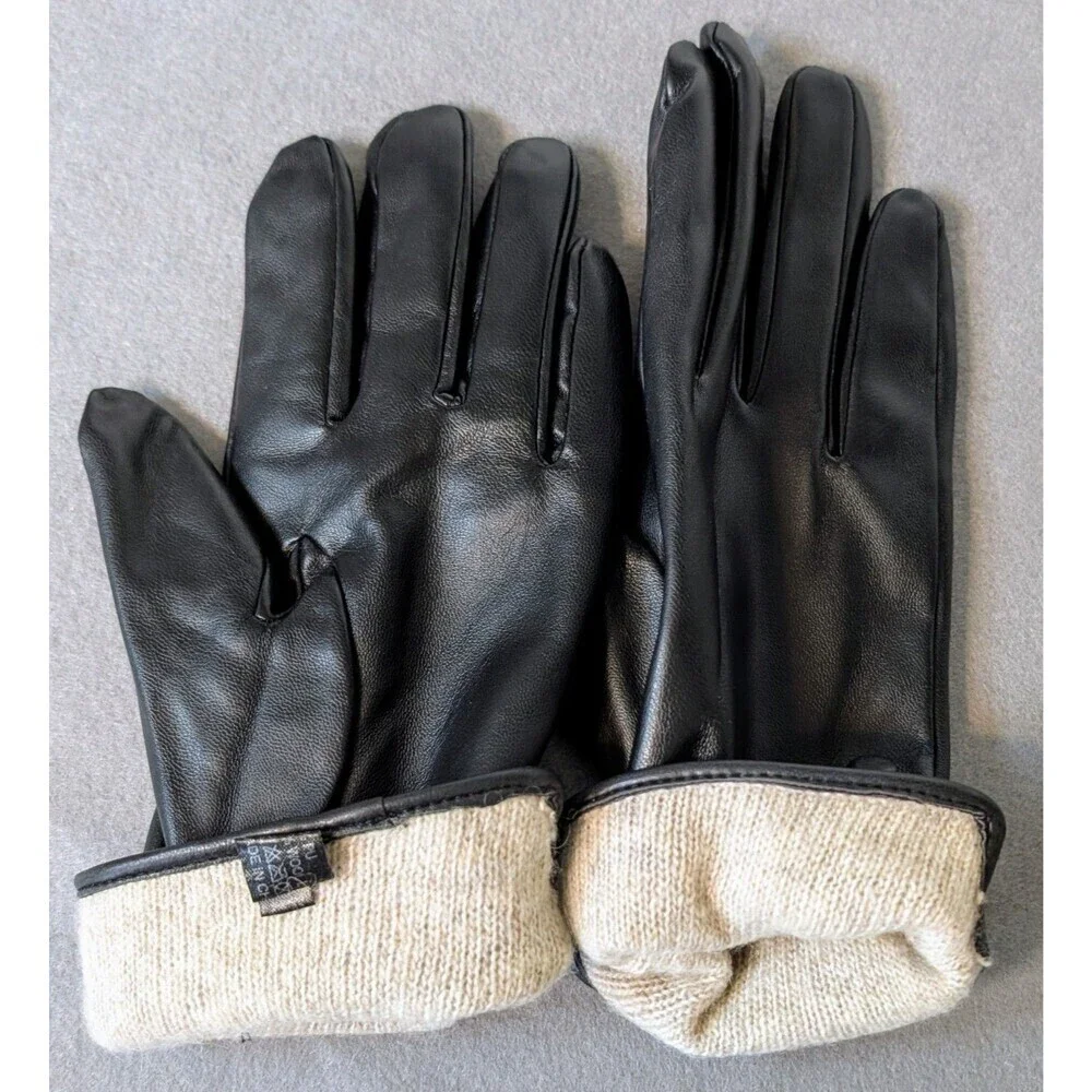 Womens Black Driving Gloves Size M PU Leather Wool Lined Classic Button Detail